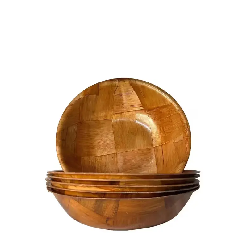 Wooden Woven Salad Bowl Set of 6 – 8 Inch Wood Snack & Serving Bowls for Salad, Fruit, Soup & Desserts